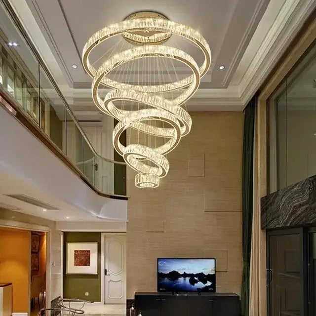 Modern crystal ring led chandelier with multi-tiered spiral design and crystal accents for staircase or dining room decorbites crystal ring