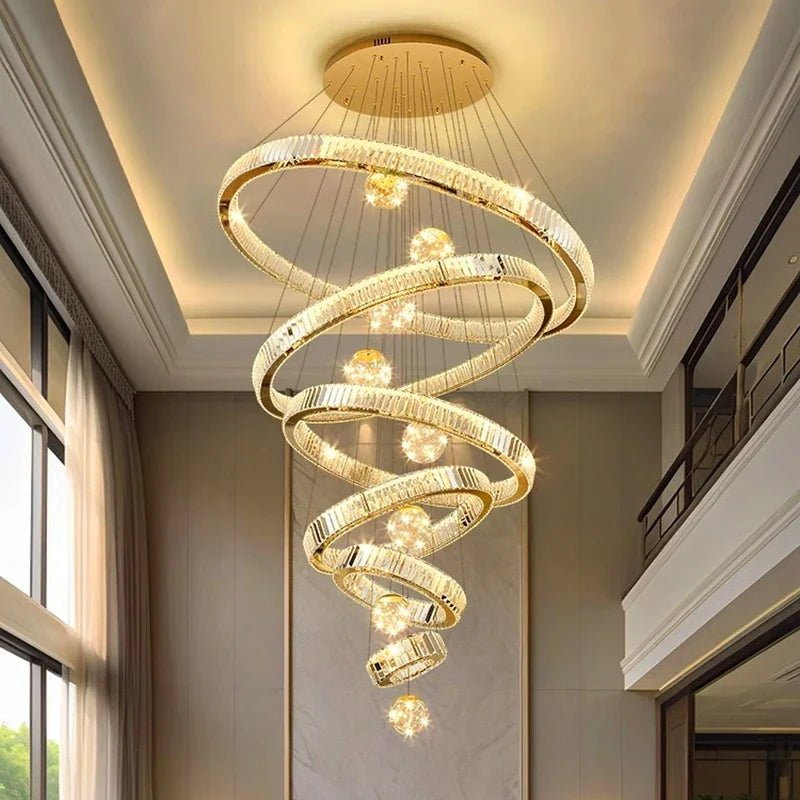 Modern Crystal Ring Staircase Chandelier Pendant Light - Decorbites