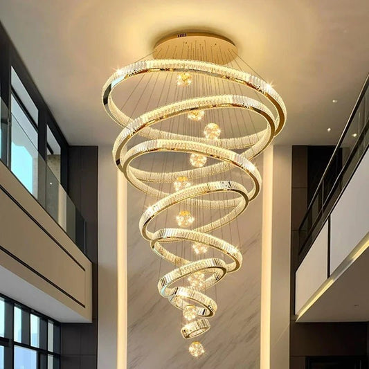 Modern Crystal Ring Staircase Chandelier Pendant Light - Decorbites