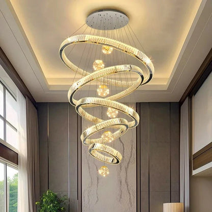 Modern Crystal Ring Staircase Chandelier Pendant Light - Decorbites