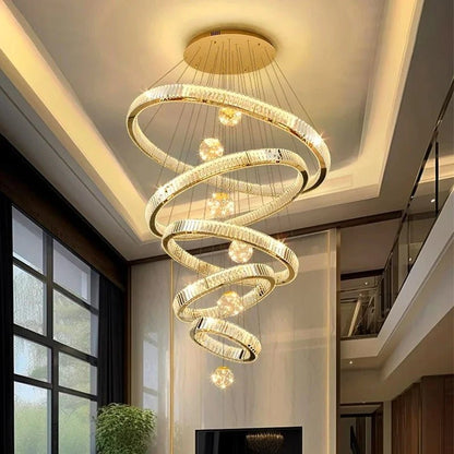 Modern Crystal Ring Staircase Chandelier Pendant Light - Decorbites