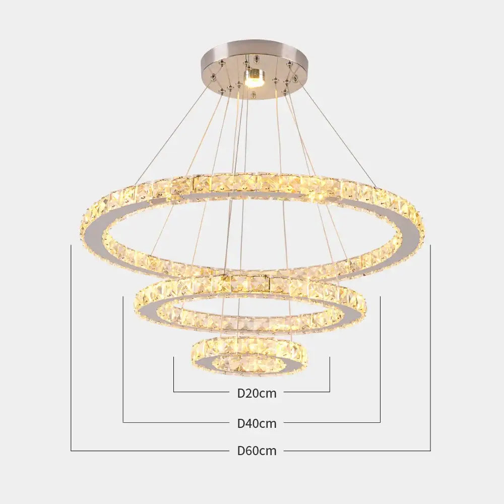 Modern three-tiered decorbites crystal rings led pendant light with metallic finish and warm glowing lights for dining room decor