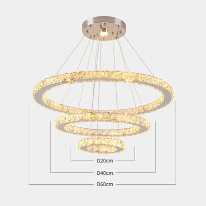 Modern three-tiered decorbites crystal rings led pendant light with metallic finish and warm glowing lights for dining room decor