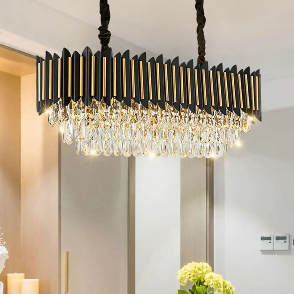 DecorBites modern crystal rod black gold rectangular chandelier with dangling crystal droplets and layered elliptical shades