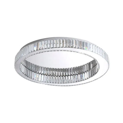 Modern chrome-finished crystal round ceiling lamp with two concentric rings and clear faceted crystal accents decorbites ceiling lamp