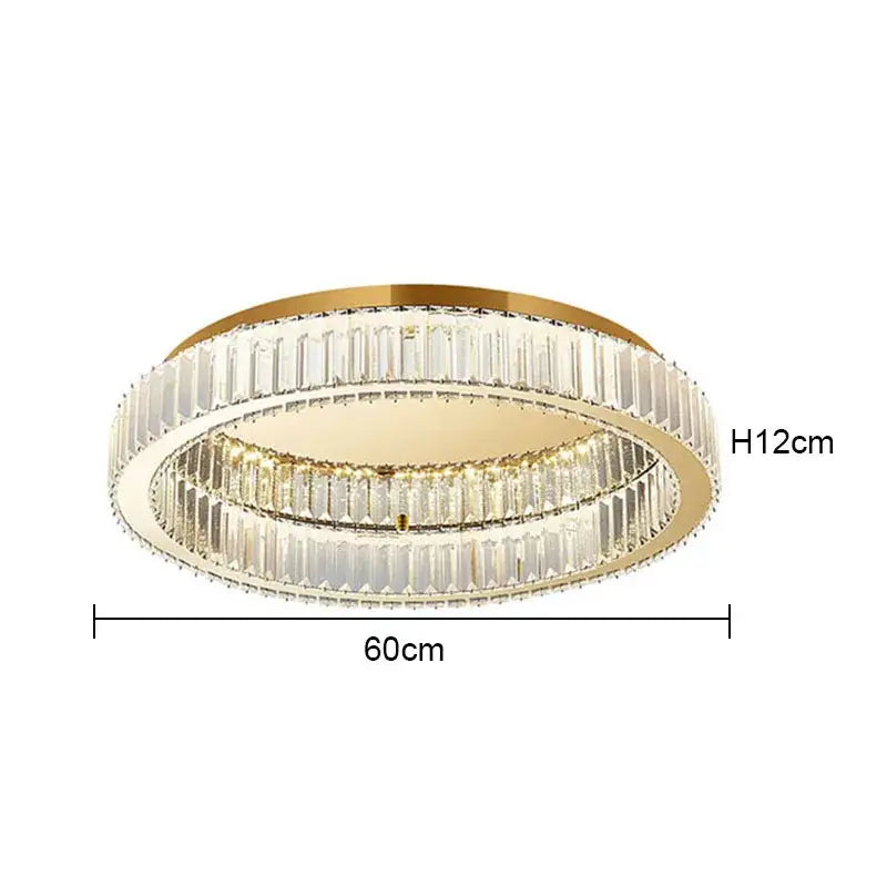 Gold-toned ceiling lamp with two concentric rings of clear faceted crystal bars for modern crystal round ceiling decorbites