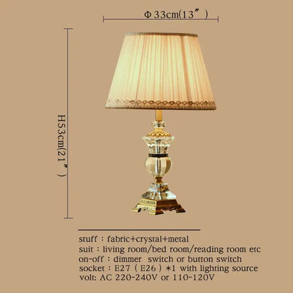 Elegant decorbites crystal table lamp with brass base and cream pleated fabric shade for modern bedroom decor
