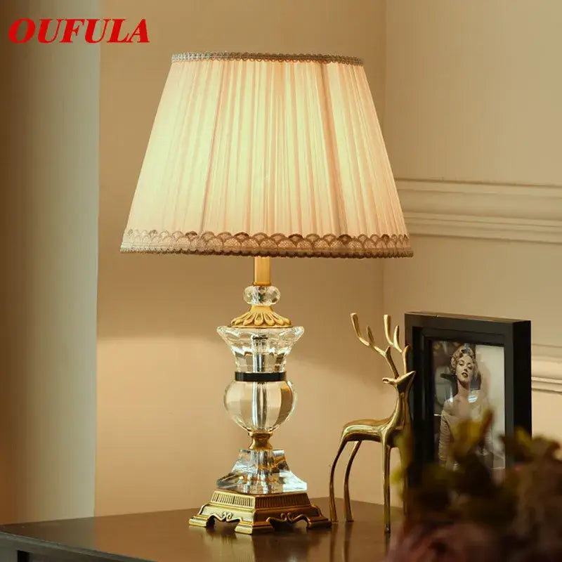 Elegant decorbites crystal table lamp with gold accents and cream lace pleated fabric shade for bedroom decor