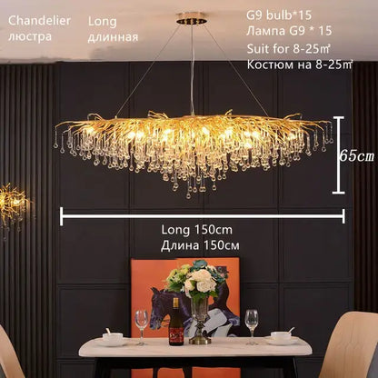 Modern crystal teardrop gold chandelier with cascading crystal droplets and warm lights for elegant living room decorbites crystal teardrop