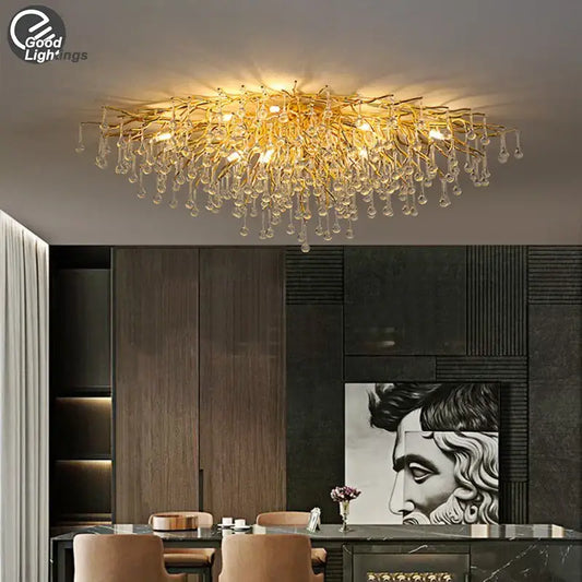Modern crystal teardrop gold chandelier with branching arms and dangling crystals for elegant living room decorbites crystal teardrop