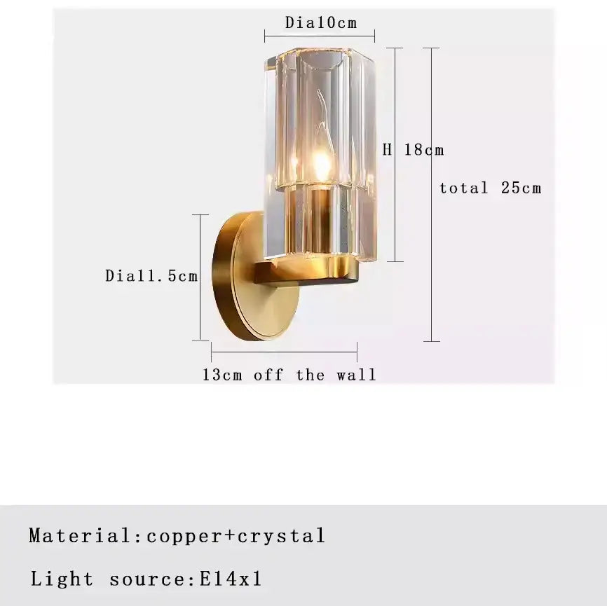 Gold-toned copper and crystal wall lamp with cylindrical glass shade modern crystal wall lamp for bedroom decorbites sconce