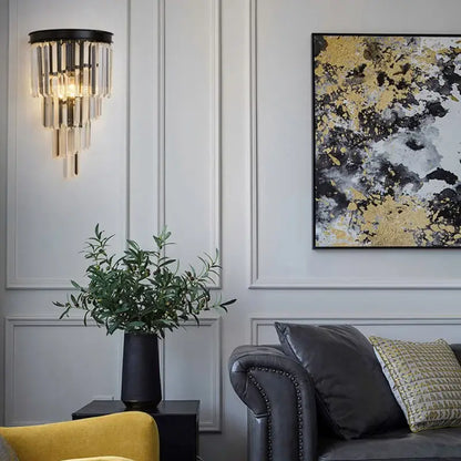 Modern black crystal wall lamp with cascading design featured in decorbites crystal wall lamp for living room decor