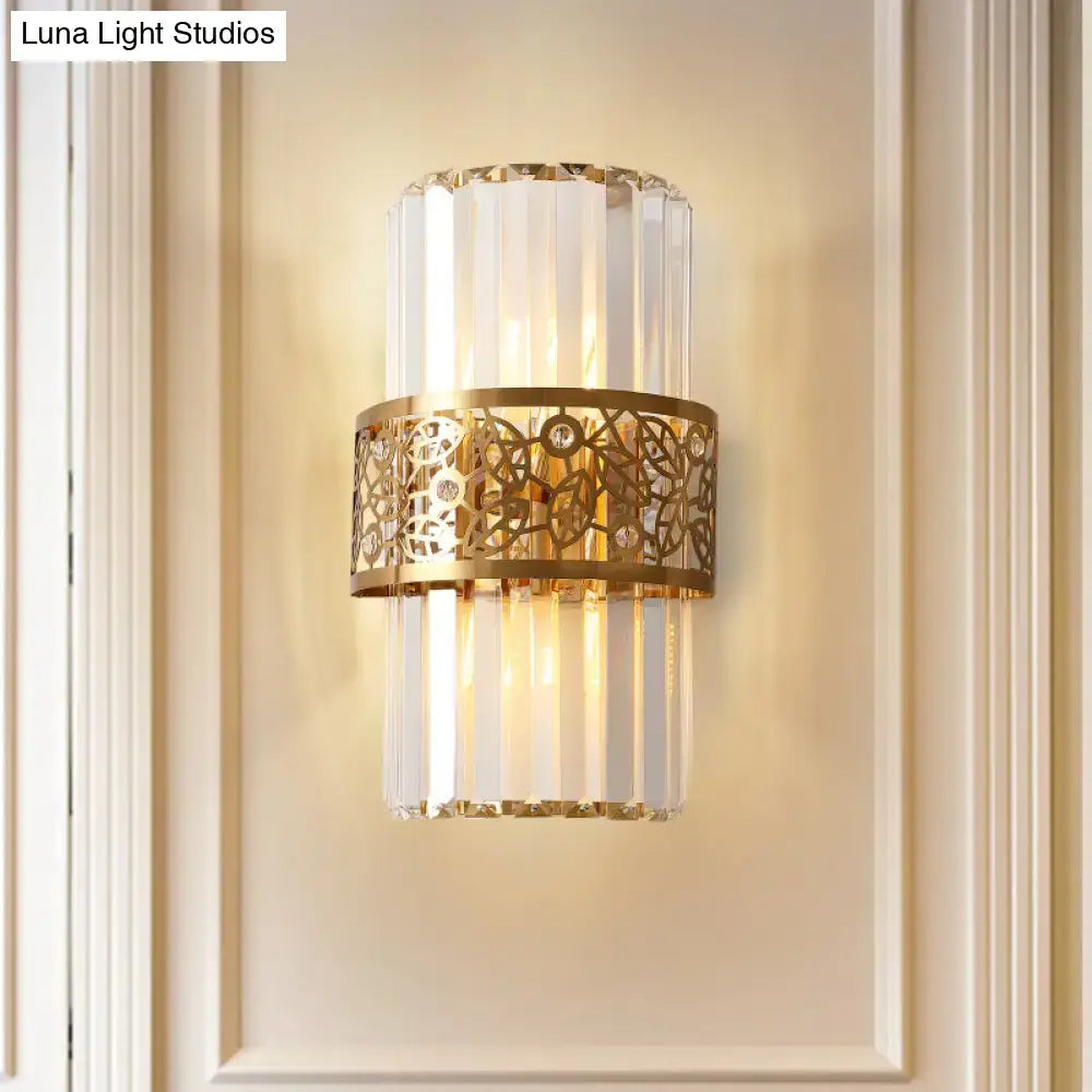 Elegant gold-toned modern wall light with vertical crystal prisms and diamond-embellished filigree band for study room 220v-240v