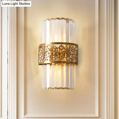 Elegant gold-toned modern wall light with vertical crystal prisms and diamond-embellished filigree band for study room 220v-240v