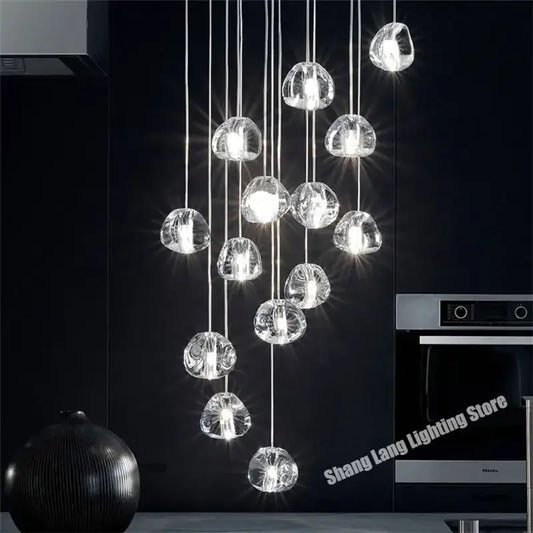 Modern crystal water droplet chandelier with clear glass orbs and sleek metallic cords for elegant staircase decorbites crystal water