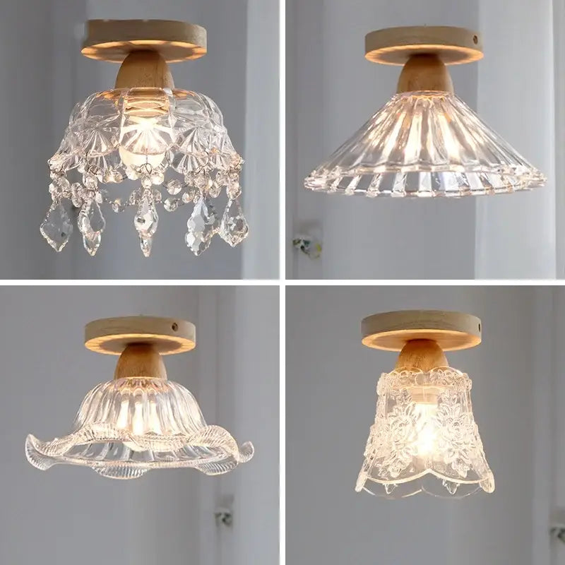 Modern crystal wood led ceiling lamp with clear glass pendant, wooden base, and decorative crystal droplets for bedroom decorbites crystal wood