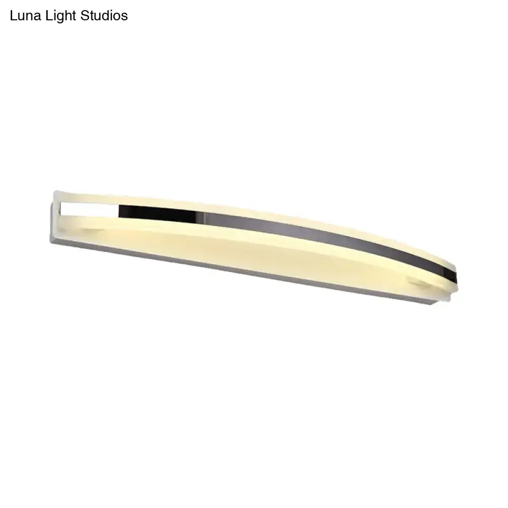 Modern curved black and white bathroom vanity light with white acrylic diffuser and warm white color temperature led