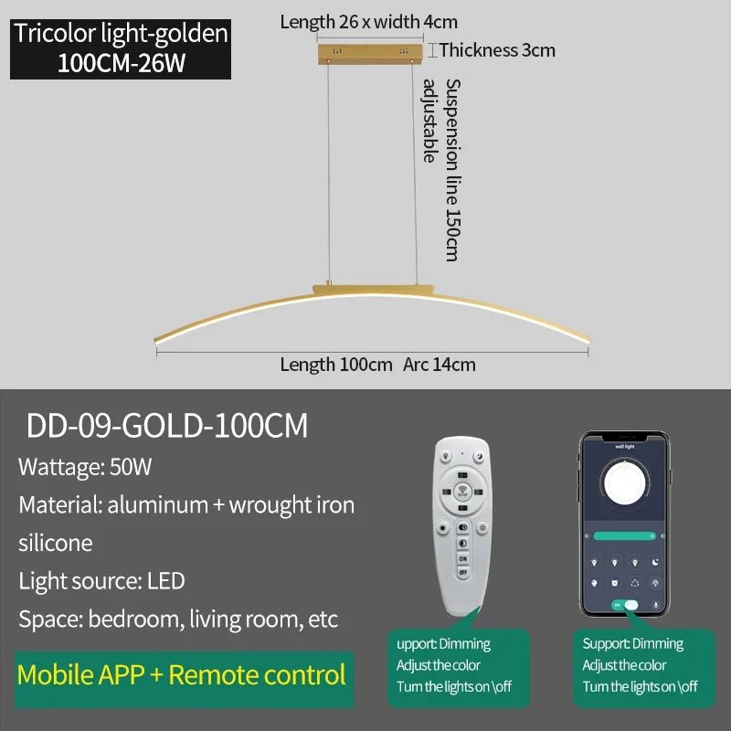 Modern Curved Bridge LED Pendant Light in Black or Gold - Decorbites