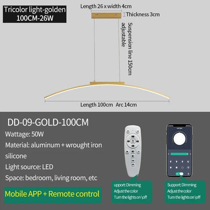 Modern Curved Bridge LED Pendant Light in Black or Gold - Decorbites