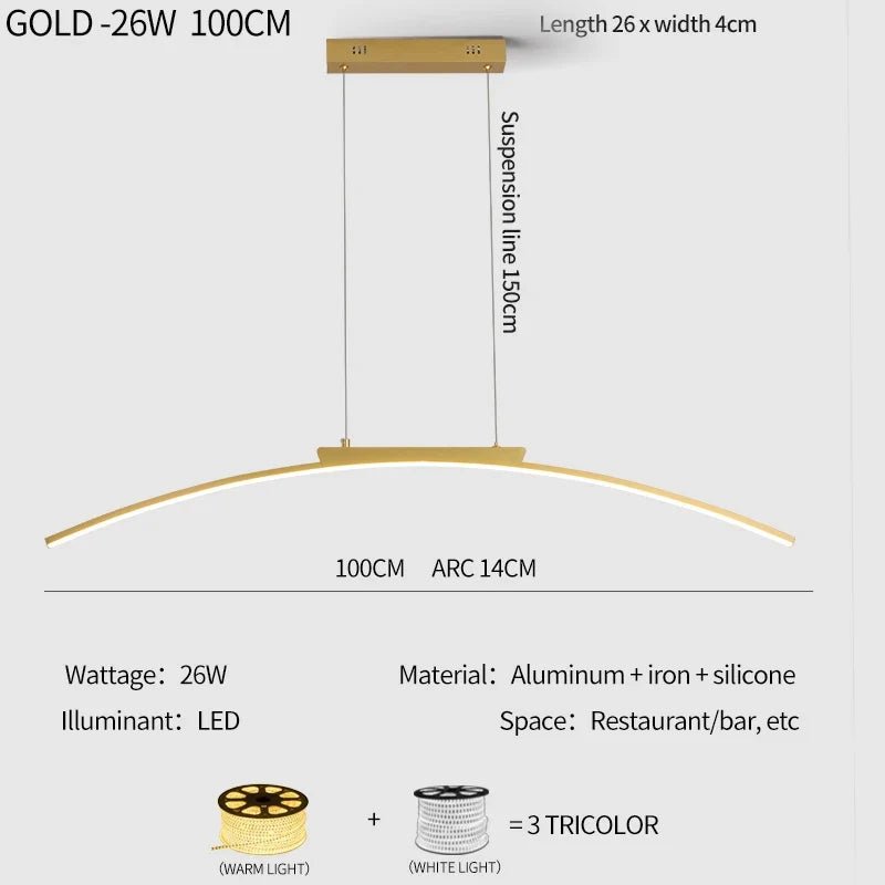 Modern Curved Bridge LED Pendant Light in Black or Gold - Decorbites