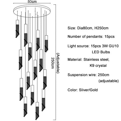 Modern cylindrical crystal staircase chandelier with 15 stainless steel and k9 crystal pendants in silver gold finish decorbites crystal staircase
