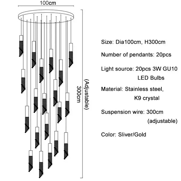 Modern cylindrical decorbites crystal staircase chandelier with 20 stainless steel and k9 crystal pendants in silver gold finish
