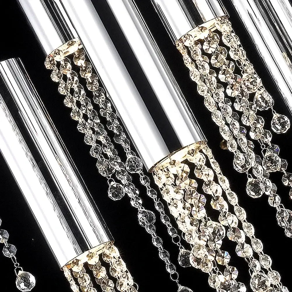 Modern cylindrical crystal staircase chandelier with sleek chrome arms and clear faceted beads for living room decorbites crystal staircase