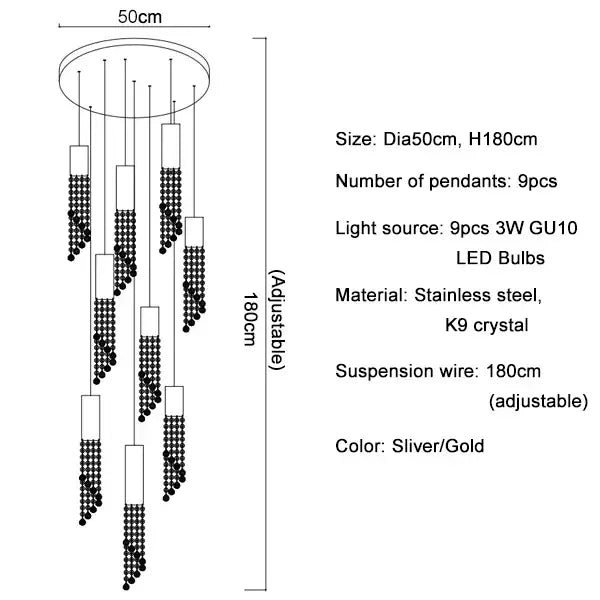 Modern cylindrical silver and gold decorbites crystal staircase chandelier with nine stainless steel and k9 crystal pendants