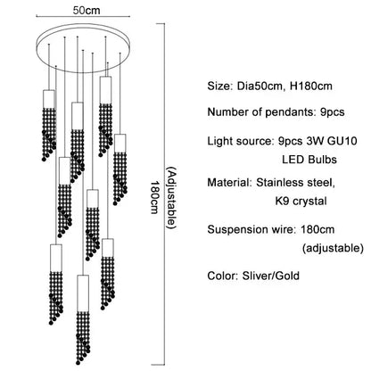Modern cylindrical silver and gold decorbites crystal staircase chandelier with nine stainless steel and k9 crystal pendants