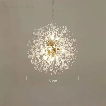 A sparkling gold and crystal decorbites dandelion crystal chandelier with a 50cm diameter for modern living room decor