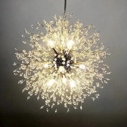 Modern dandelion crystal chandelier with clear glass beads and metal stems by decorbites for living room decor