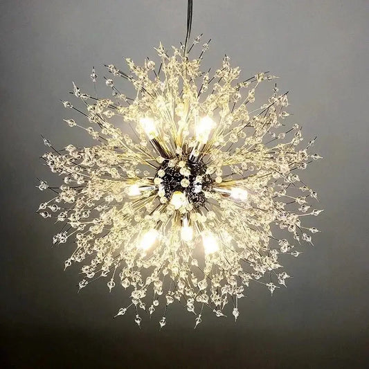 Modern dandelion crystal chandelier with clear glass beads and metal stems by decorbites for living room decor