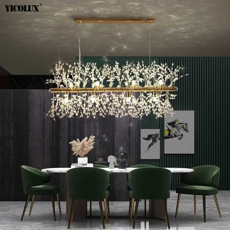 Modern rectangular gold-toned decorbites dandelion led crystal chandelier with cascading branches for dining room decor
