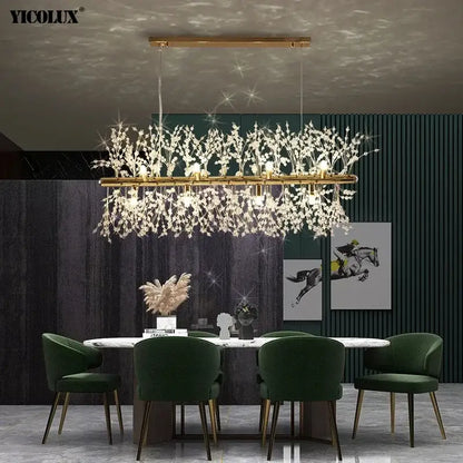 Modern rectangular gold-toned decorbites dandelion led crystal chandelier with cascading branches for dining room decor