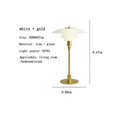 Modern danish amber and frosted glass desk lamp with white and gold tiered shades and slender iron base for decorbites glass desk