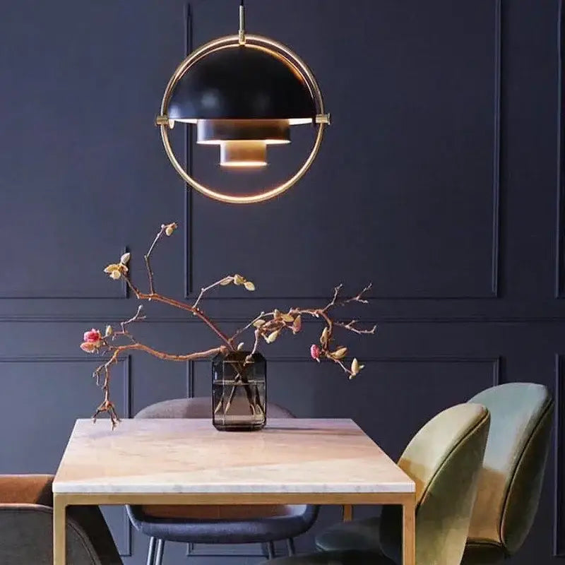 Modern Danish spherical black and gold pendant light with chrome accents for dining room cord pendant installation