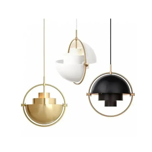 Three modern pendant lights with spherical gold metal frames and white or black matte shades for contemporary interiors
