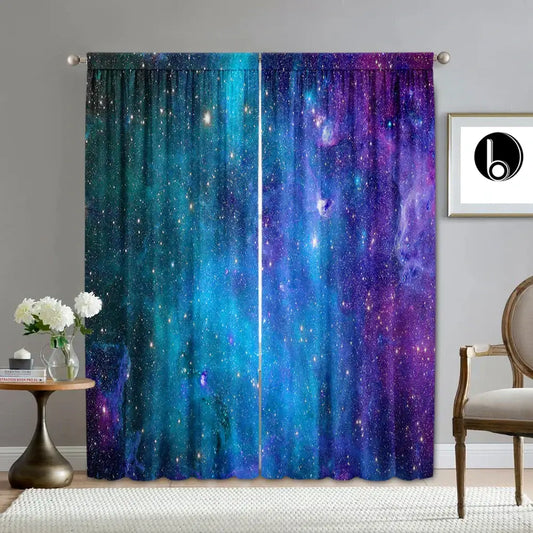 Modern dark blue forest city night view sheer curtains with vibrant galaxy-themed gradient of deep blues and purples