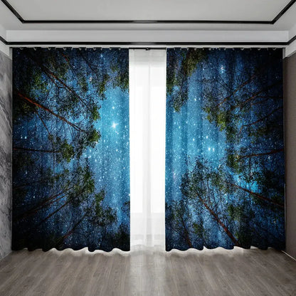 Modern dark blue forest city night view sheer curtains with navy blue and green canopy and starry night design