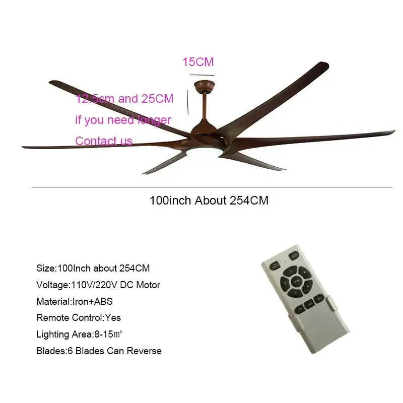 A sleek modern dark bronze 100 inch large ceiling fan with six blades and integrated light fixture for living room