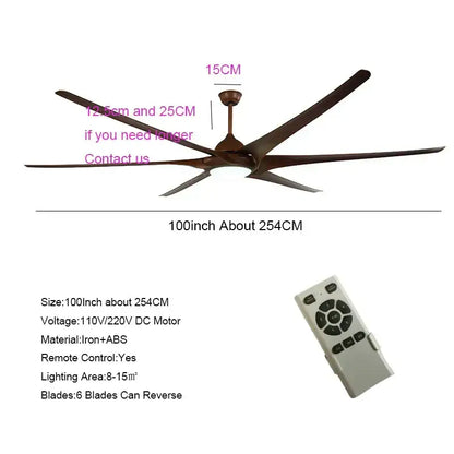 A sleek modern dark bronze 100 inch large ceiling fan with six blades and integrated light fixture for living room
