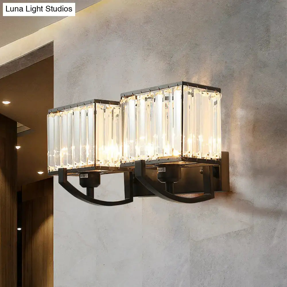 Modern dark bronze wall mount light with two rectangular crystal glass panels for bedroom use