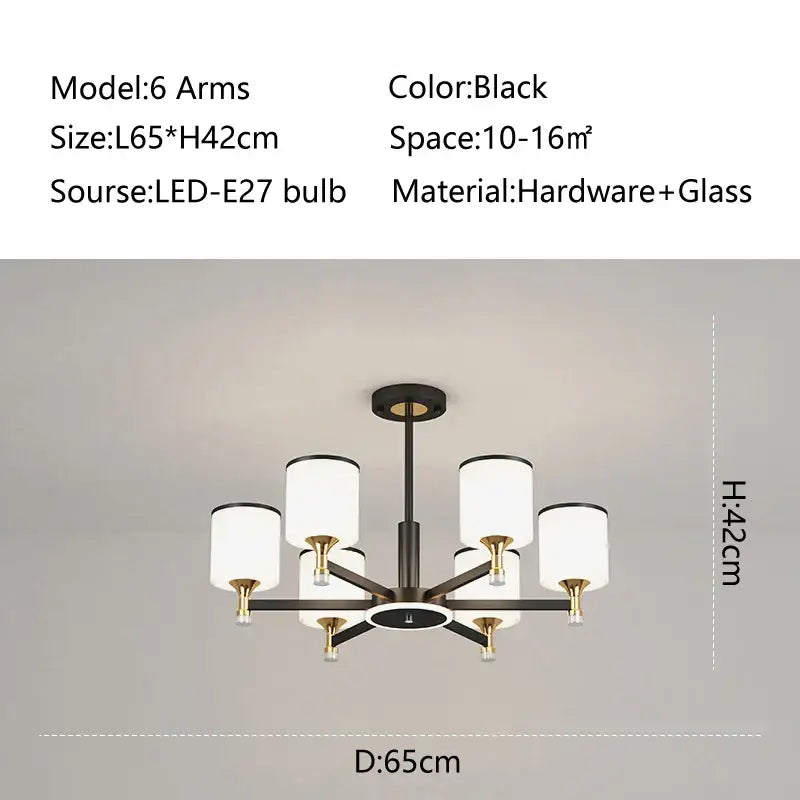 Black six-armed decorbites glass chandelier with white glass shades and gold-toned hardware for living room light