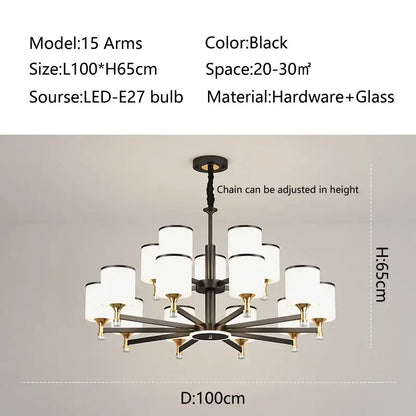 Modern dark bronze decorbites glass chandelier with 15 black arms, frosted glass shades, and brass accents for living room light