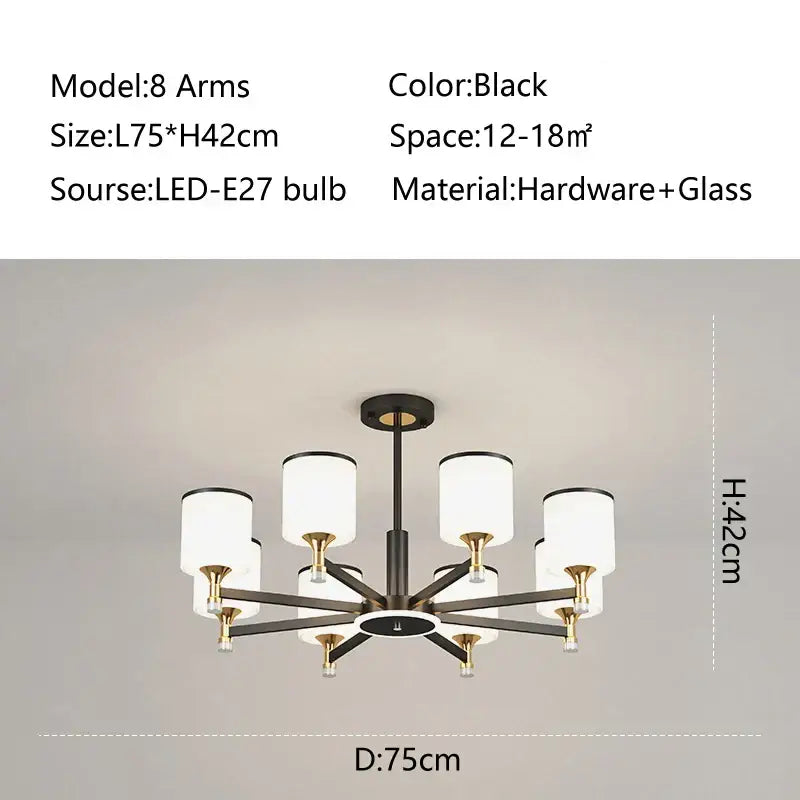 Modern dark bronze decorbites glass chandelier features eight arms with frosted glass shades and brass accents for living room light