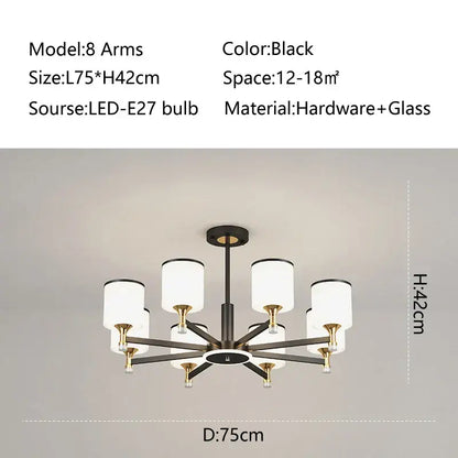 Modern dark bronze decorbites glass chandelier features eight arms with frosted glass shades and brass accents for living room light