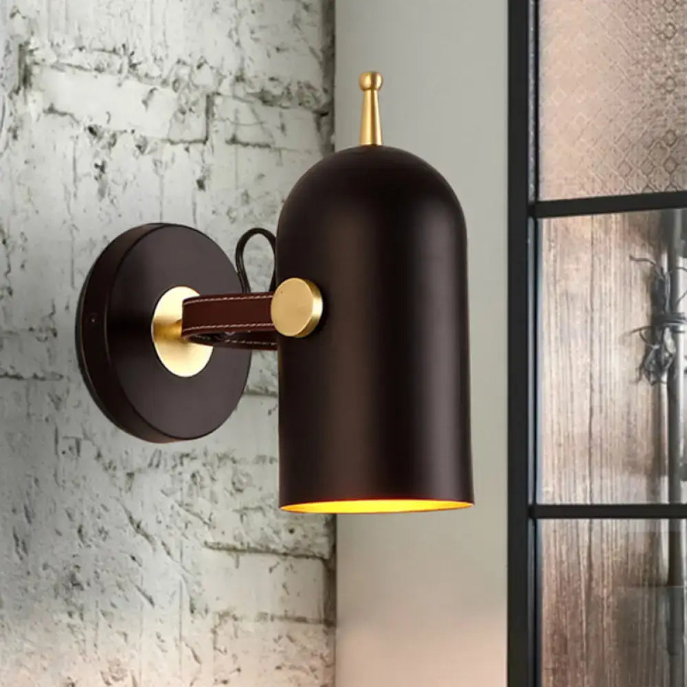Modern dark brown wall lamp with brass accents leather strap and cup shade ideal for office corridor lighting
