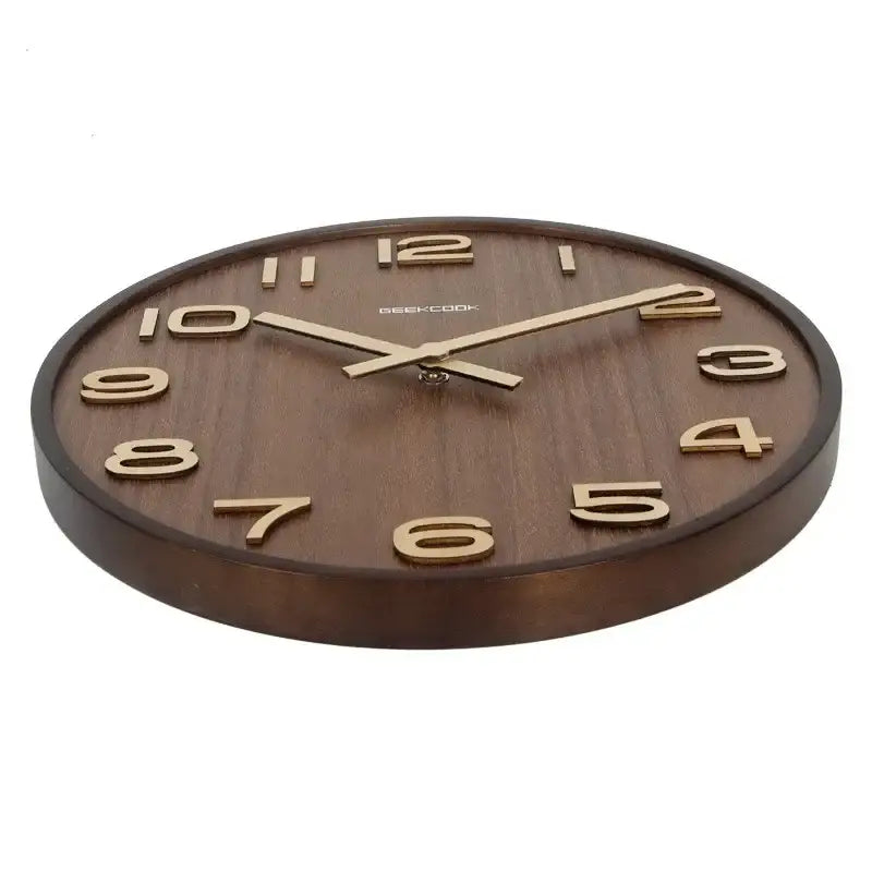 Modern dark brown bamboo wall clock with gold-toned raised numerals and hands for living room decor