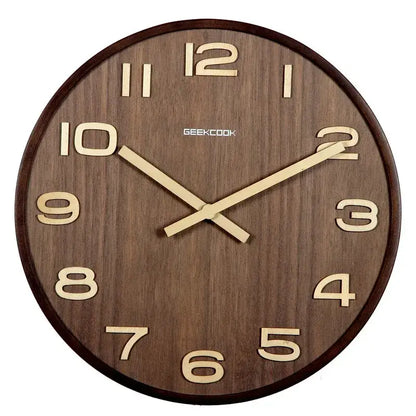 Modern dark brown bamboo wall clock with light-colored raised numerals and hands featuring wood grain design