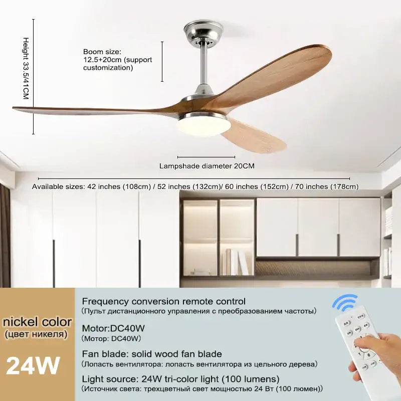 Modern ceiling fan with 24w tri-color led light, sleek nickel motor housing, and dark brown wood blade ceiling design